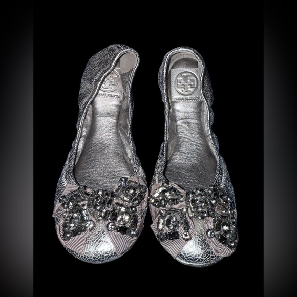Tory Burch Azalea Jeweled Bow Ballerina Ballet Flats Shoes Pewter Leather Size 7 - Picture 1 of 7